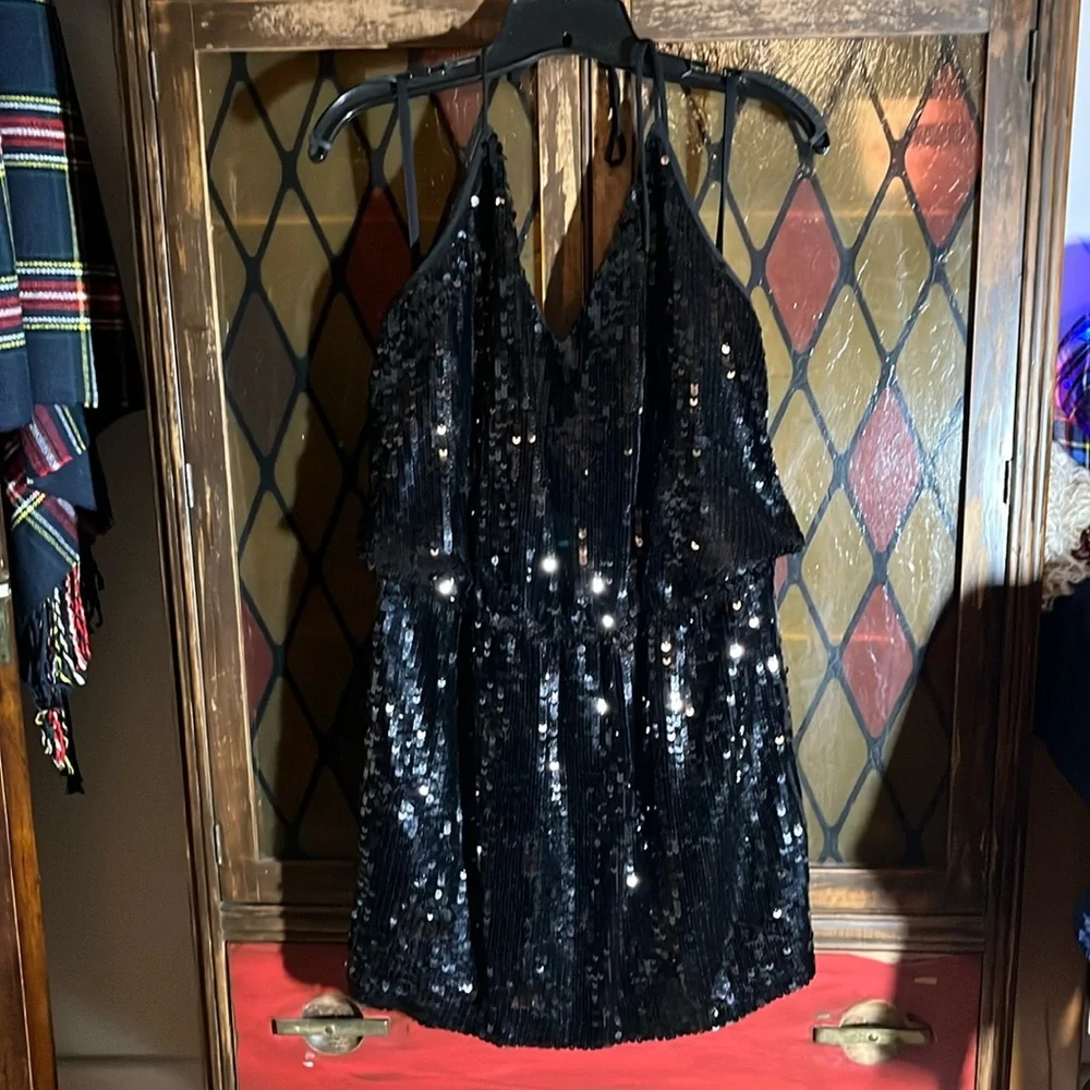 Gudi Black sequin halter mini dress w/ cinching at waist. - Picture 1 of 9